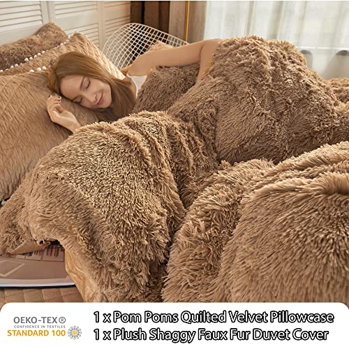 Image of LIFEREVO Luxury Plush Shaggy Duvet Cover Set, Soft Velvet Fluffy Furry Duvet Cover Set(1 Faux Fur Fuzzy Comforter Cover + 1 Pom-poms Pillow Sham)Solid Bedding Set, Zipper Closure(Twin /Twin XL, Camel)