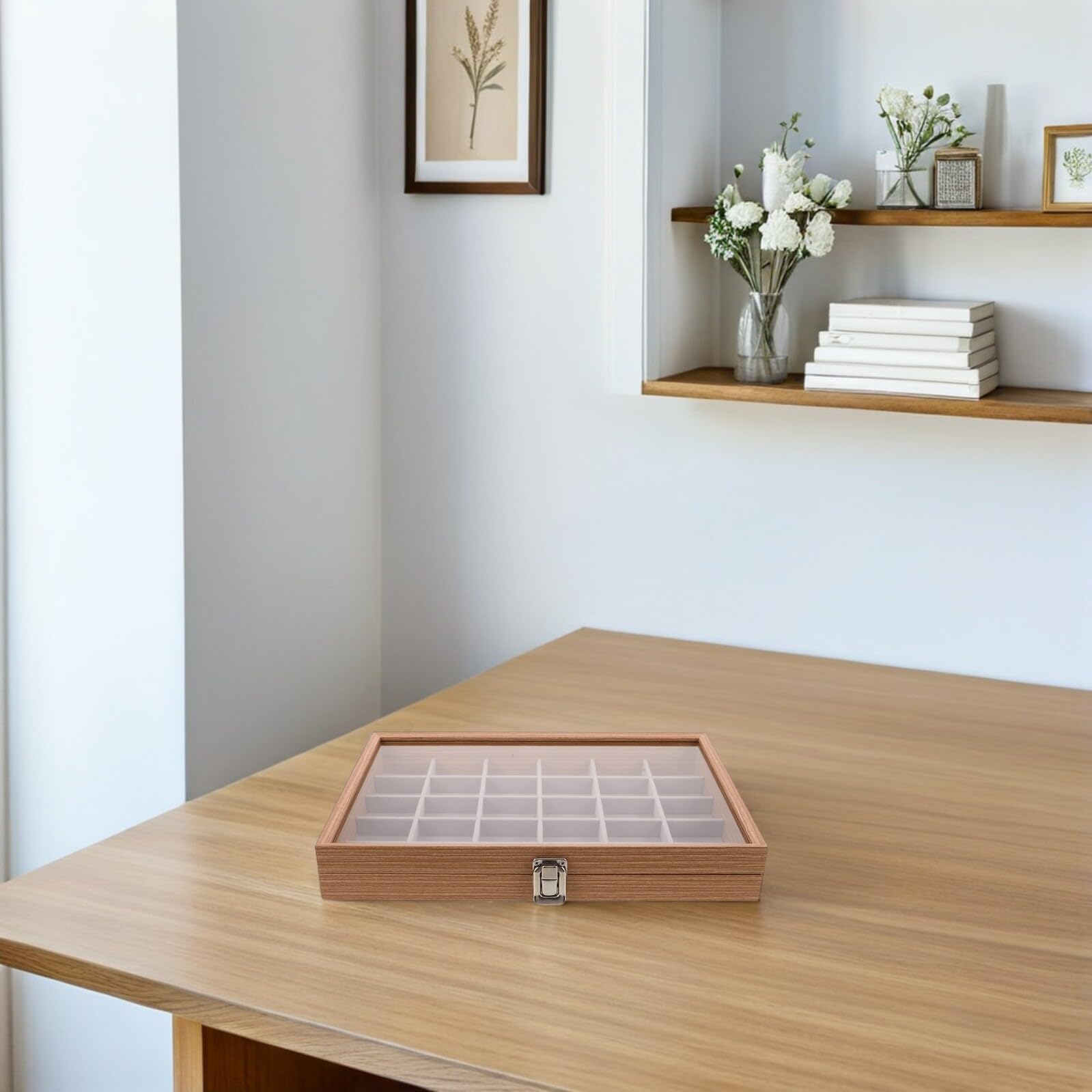 Scatola Porta Campioni Minerali a 30 Scomparti con Coperchio | Espositore in Legno Beige, Protezione Trasparente per Collezioni di Cristalli e Pietre, 35x24x5cm