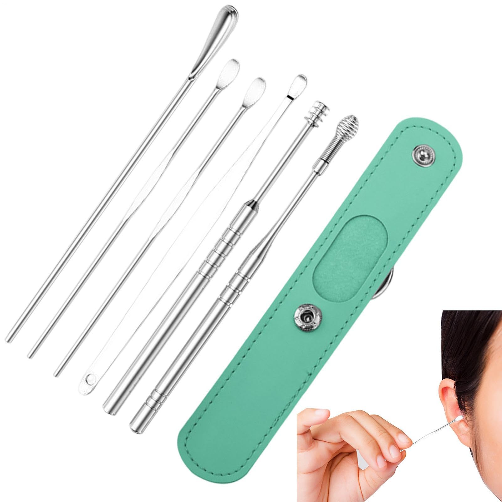 Professional Ear Cleaner Set - Stainless Spiral Tool Kit Wax Extractor 6PCS Portable PU Storage Pouch for Safe