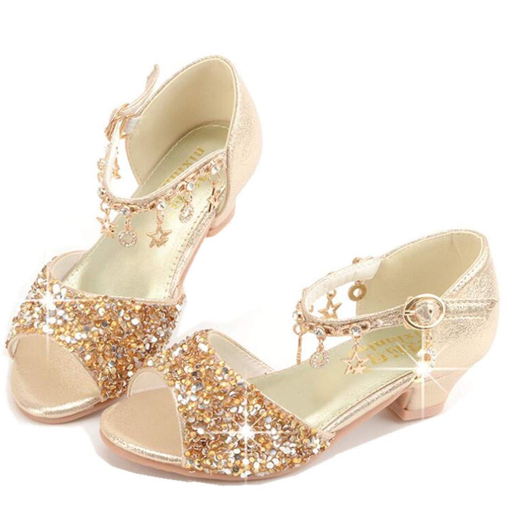 GOJERP Little Kids Girls Sandals Glitter Rhinestone Dress Pumps Sequins Princess Low Heels Party Dance Shoes (Golden, numeric_8)