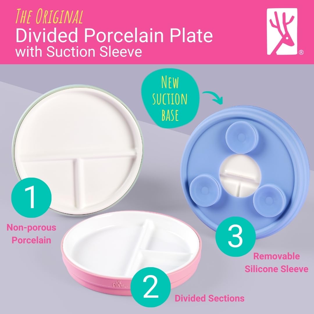 Elk and Friends Kids 6.7” Porcelain White Divided Plates with Silicone Suction Sleeves, Green/Orange/Yellow/Blue - Image 2