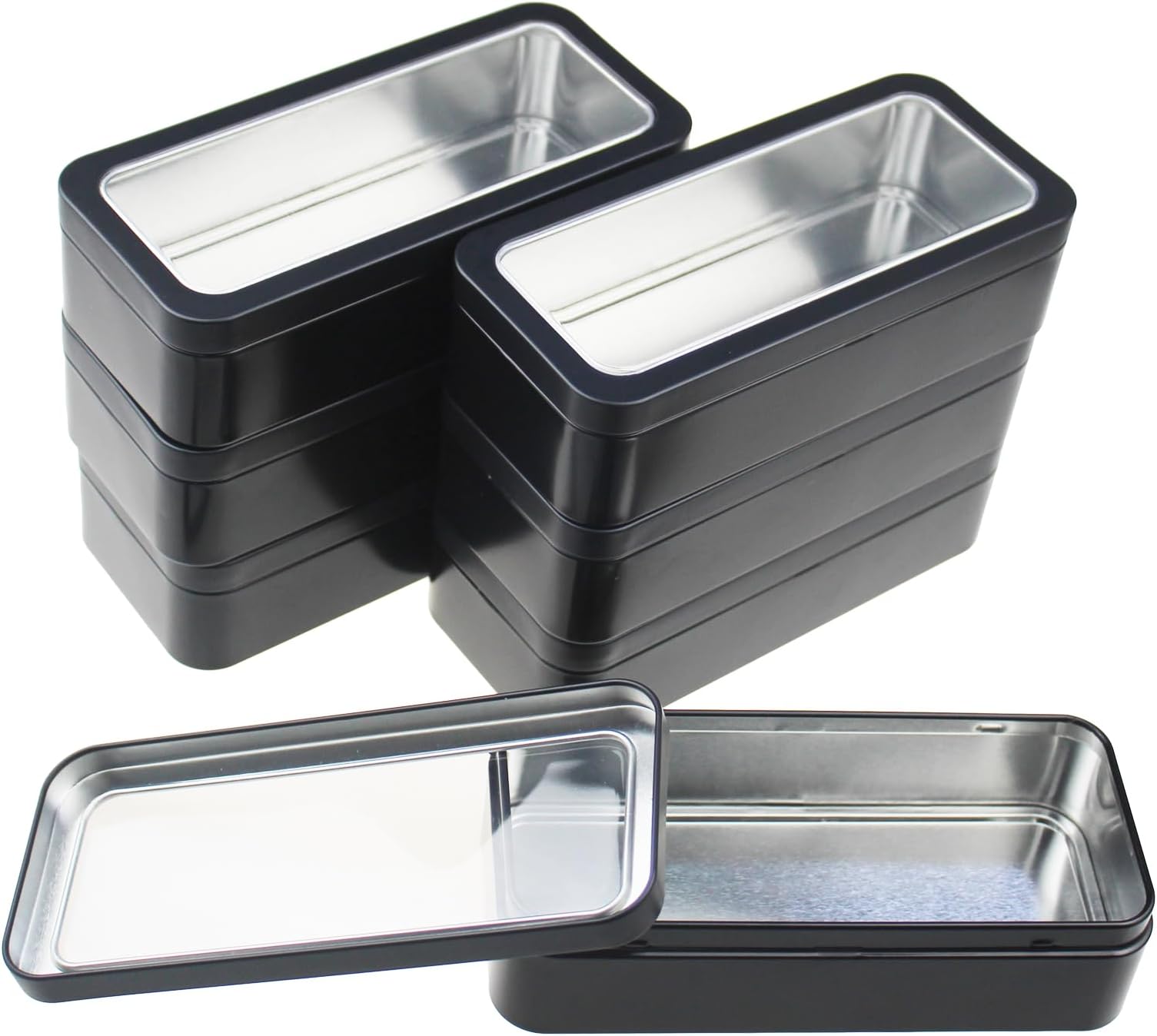 Goodma 7Pcs Rectangle Metal Tins Containers with Lids Mini Storage Canister Jars Set for Home Kitchen, Office and School Supplies, 5.9" x 2.75" x 1.57" (Black)