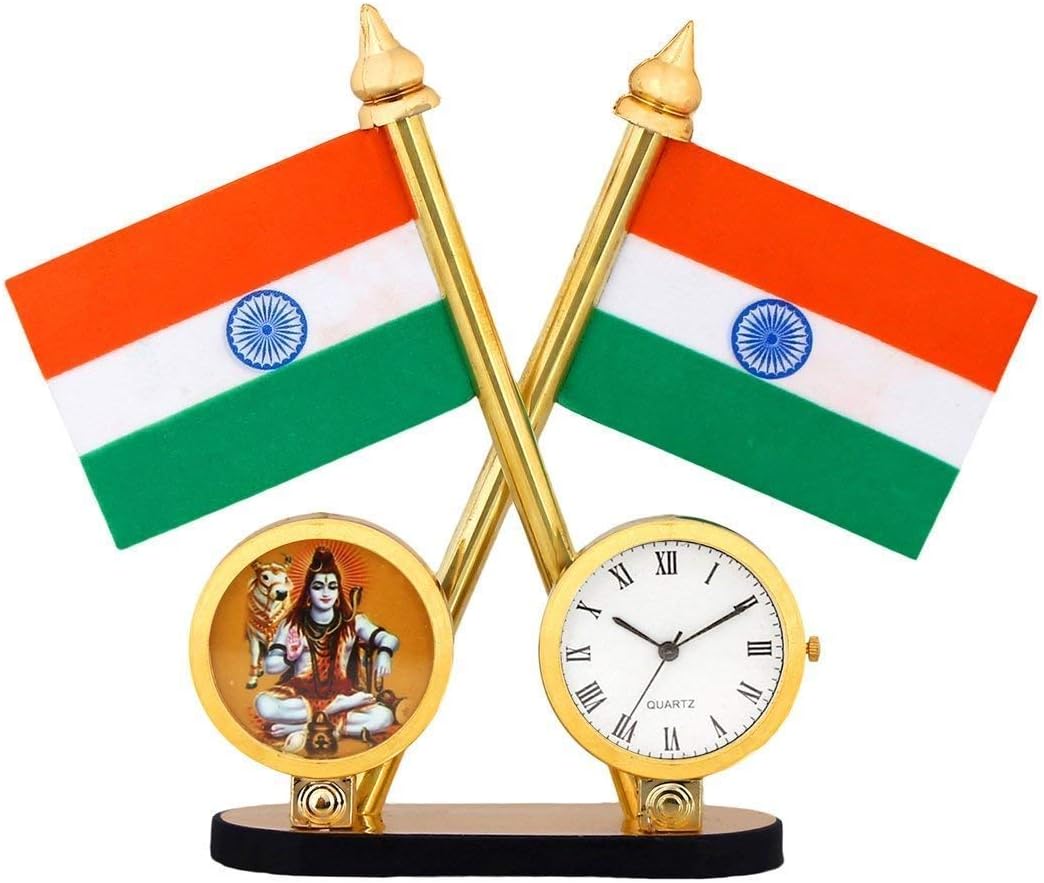 Indian Flag for Table & Car Dashboard Stand Cross Design, Blue Shiv, 1, Plastic, with Wrist Band