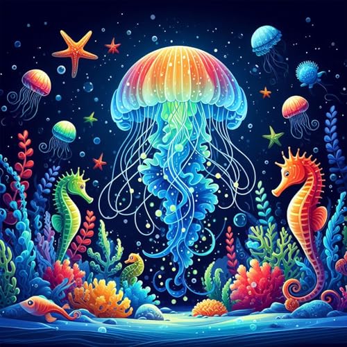 mrpwnle Diamond Painting Kits for Adults Beginners - Glowing Jellyfish Diamond Art Kits, 5D Jellyfish Diamond Painting Kits DIY Diamond Art Dots Crafts Kits for Home Wall Decor Gifts 12x12in