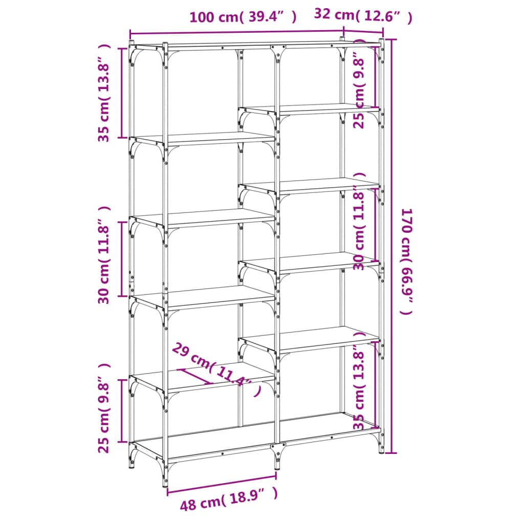 Librería Gris Sonoma 100x32x170 cm Madera y Hierro con patas ajustables para muebles de estilo industrial