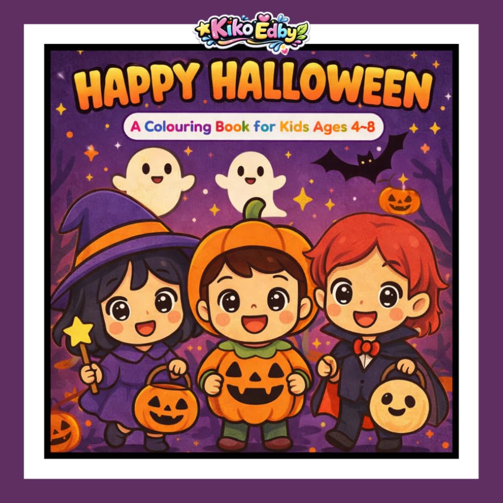 Happy Halloween: Cute Kawaii Halloween Colouring Book for Kids Ages 4-8. Fun and Easy Chibi Colouring Pages with Ghosts, Witches, Pumpkins, Vampires, Haunted Houses, and Spooky Friends