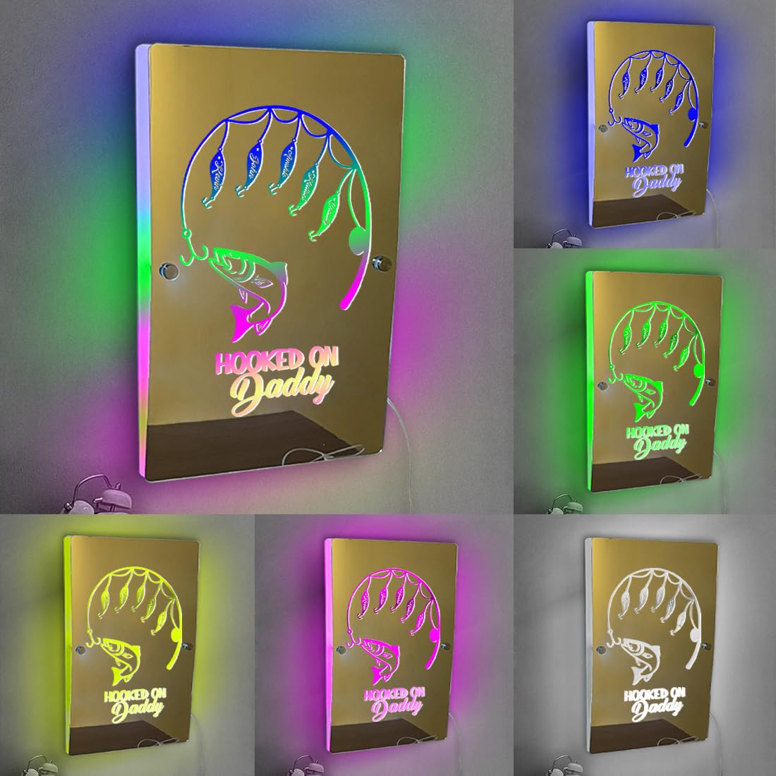Personalized Hooked on Daddy Mirror Light, Custom Fishing Name LED Light Up Mirror Night Light with Kids Names for Bedroom Living Room Decor, Fathers Day Birthday Gift For Dad, Grandpa (Style 2) โ image 1