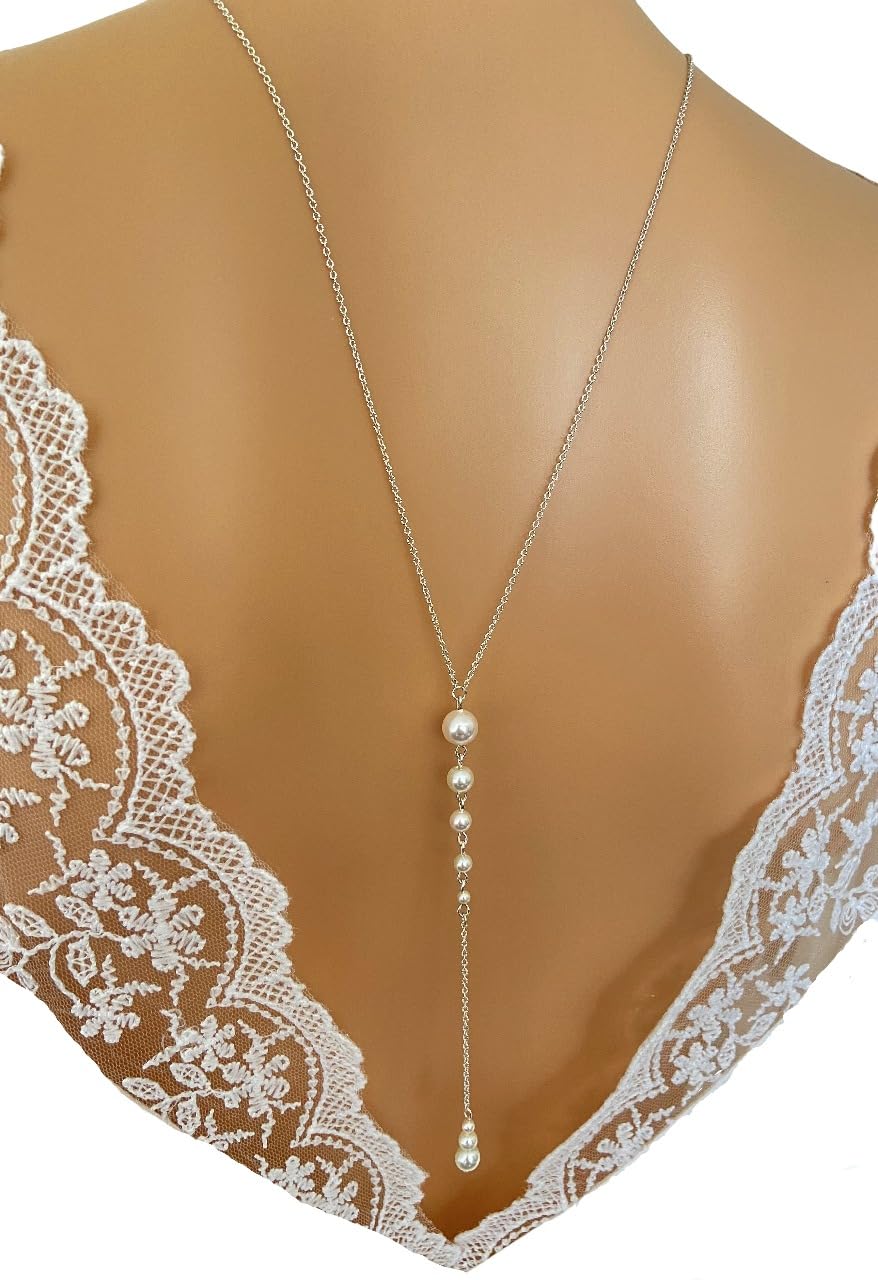Collier de dos mariée, chaine fine et perles nacrées ivoire, collier mariée robe dos nu, collier avec pendentif de dos, bijoux de dos mariage