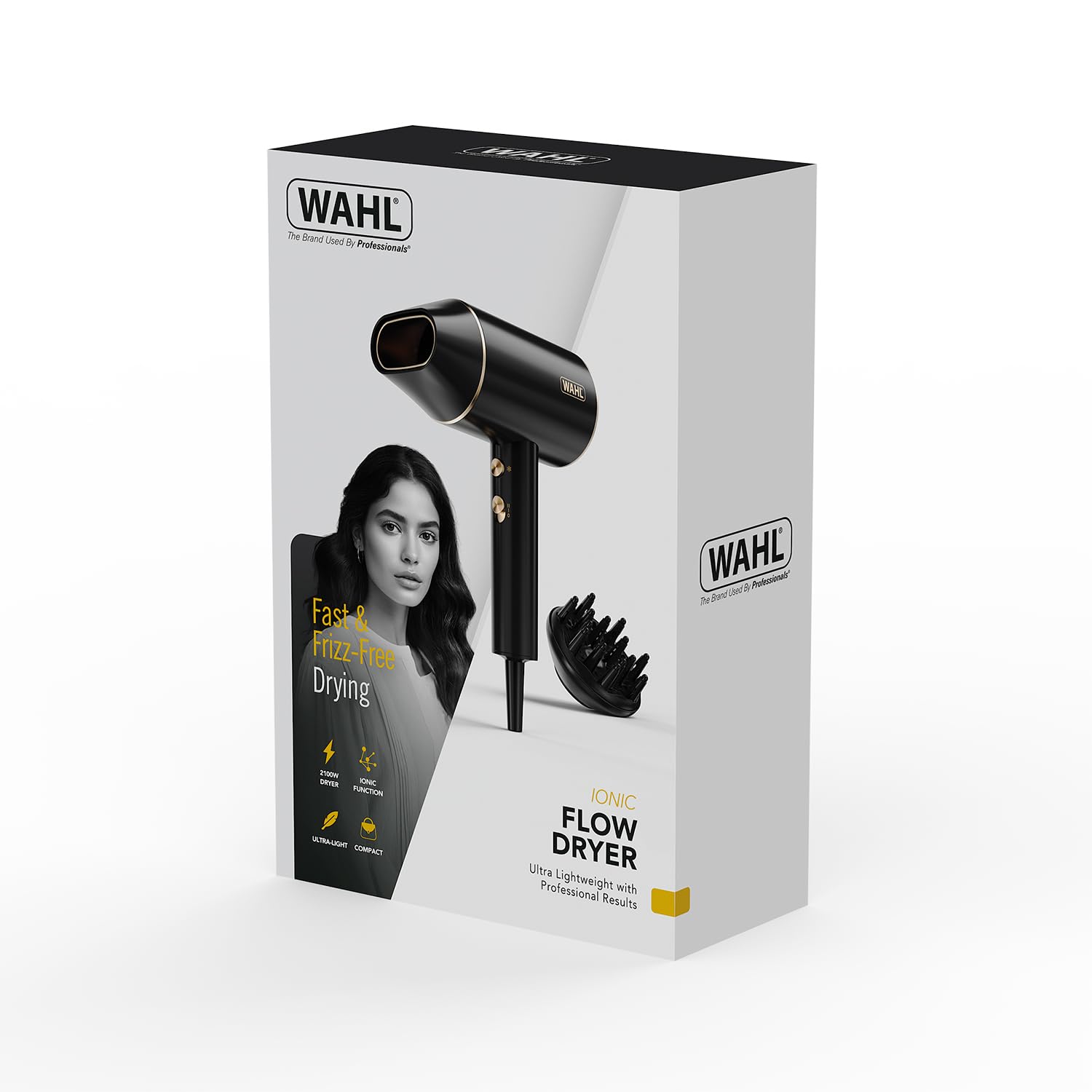 WAHL Ionic Flow Hairdryer, séchage professionnel, sans frisottis, puissant, léger, jet d'air froid, concentration de chaleur, diffuseur, vitesse rapide, coiffage, compact, voyage