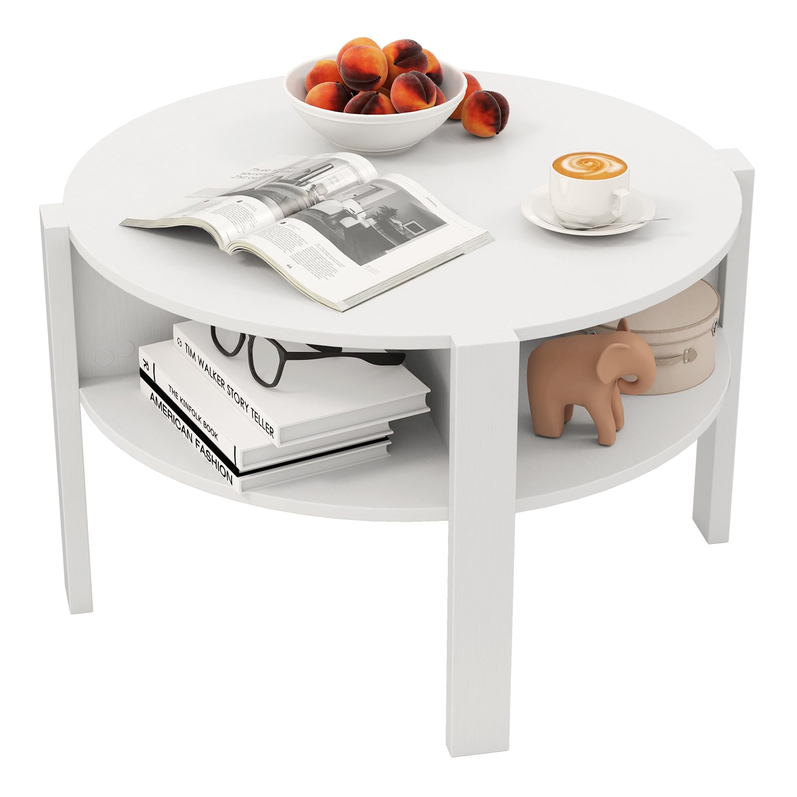 GOPLUS Mesa de Centro Redonda de 2 Niveles, Mesa de Café de Madera con Compartimiento Abierto, Almohadillas Antideslizantes, Mueble para Salón, Oficina, Sala de Espera, Carga 60 kg (Blanco)