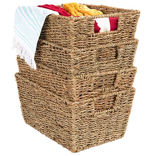 Best Choice Products Rustic Set Of 4 Multipurpose Stackable Seagrass Storage Basket, Handwoven Laundry Organizer Totes for Bedroom and Living Room, Shelves, Pantry w/Insert Handles – Natural
