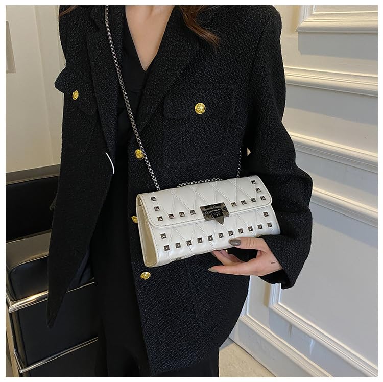 Women's Quilted Shoulder Bag Rivets Decor Medium Flap Leather Crossbody Handbag Chain Strap Stylish Clutch Purse4