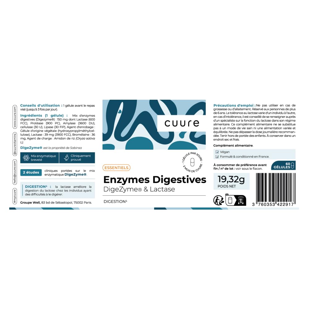 Enzymes Digestives - CUURE - Digezyme® [150 mg] - Digestion - 90 gélules - 60 jours - 1 Gélule/Jour - Vegan - Fabriqué en France