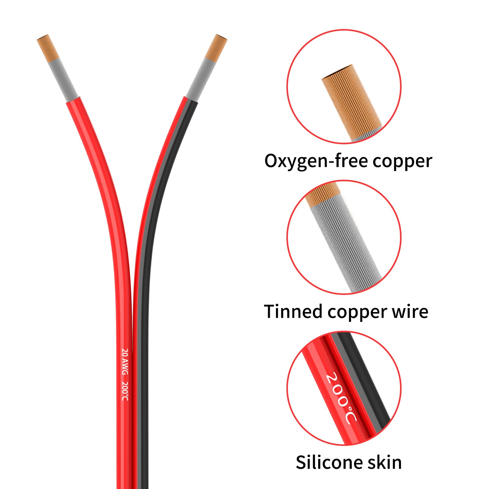 20 Gauge 2 Conductor 15FT Red Black Silicone Parallel Oxygen Free Tinned Copper Electrical Wire for LED Strips Lamps Lighting Automotive 20/2-15FT