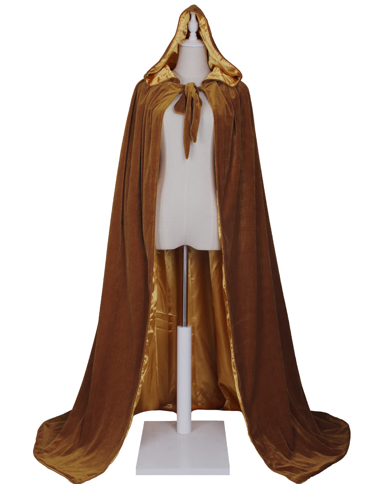LuckyMjmy Velvet Renaissance Medieval Cloak Cape Lined with Satin (Large, Dark Gold-Gold)