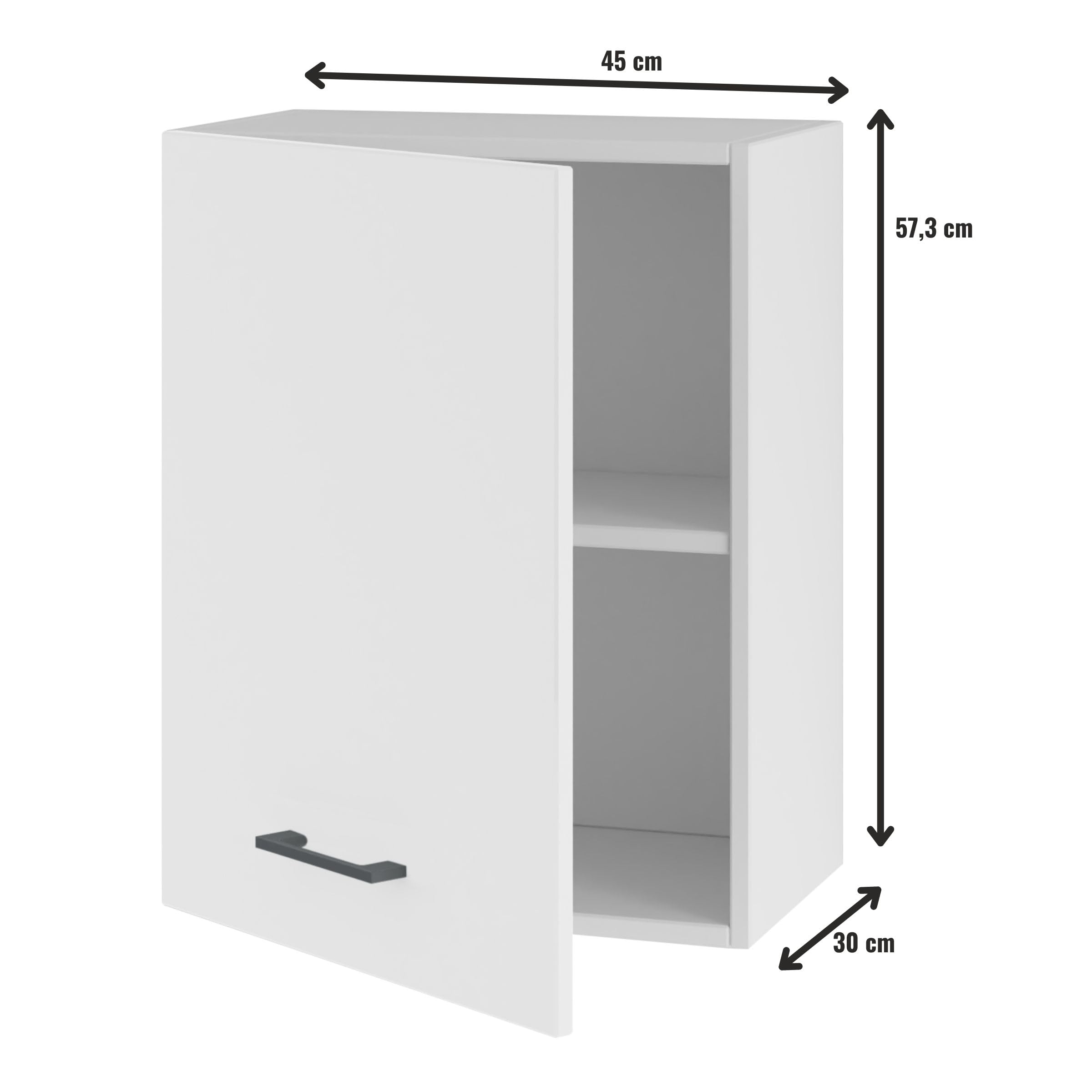Hängendes Küchenregal mit Tür, 45 cm – Kompakte Oberschrank mit Stauraum - einfach zu montieren - Universalfront - Robustes Material - ideal für kleine und große Küchen (Weiß Matt)