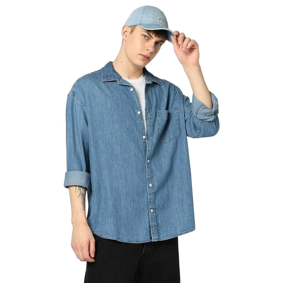 Men Oversized Fit Solid Full Sleeves Collared Denim Shirt-image-1