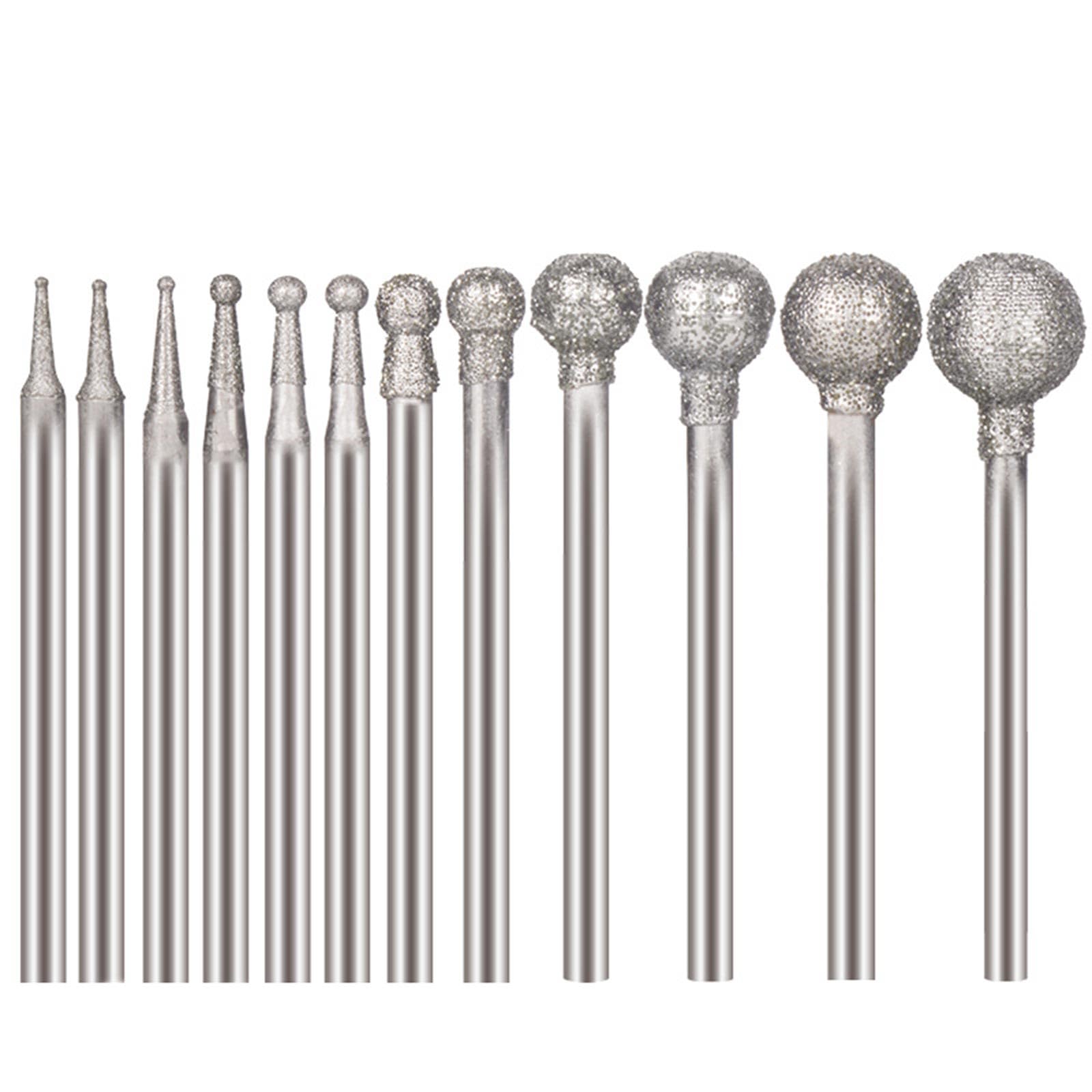 12Pcs Diamond Burr Set Ball Sphere Head Engraving Bits 0.5MM-8MM for Woodworking Metal Carving Drilling Polishing DIY Rotary Tools
