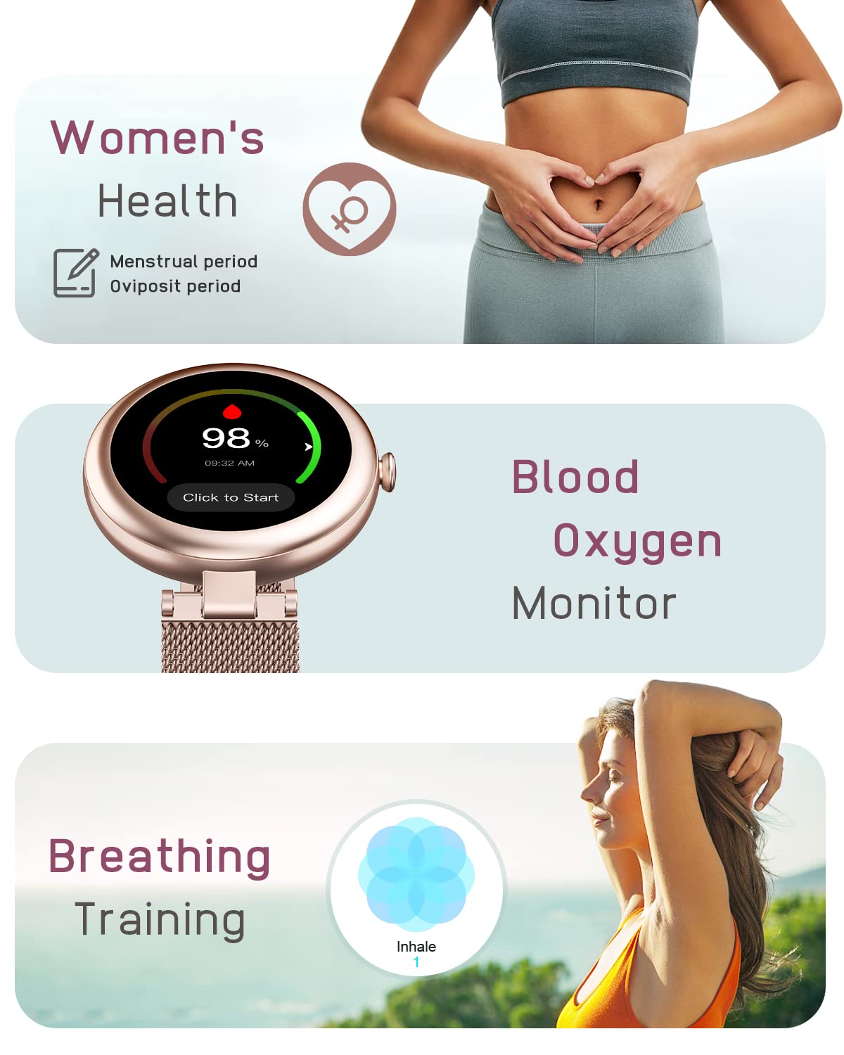 Lynn Montre Connectée Femme Bracelet Acier Ronde Petite 1,09 Pouce Smartwatch Sport Cardio Podometre Saturation Oxygène Multifonctions Or
