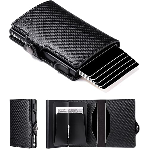 Card Blocr Pop Up Credit Card Wallet, RFID Blocking Credit Card Holder for men, Cool Wallets for Men in Carbon Wallet Design, Compact Card Holder Wallet for Secure Storage (Black PU Carbon Fiber)