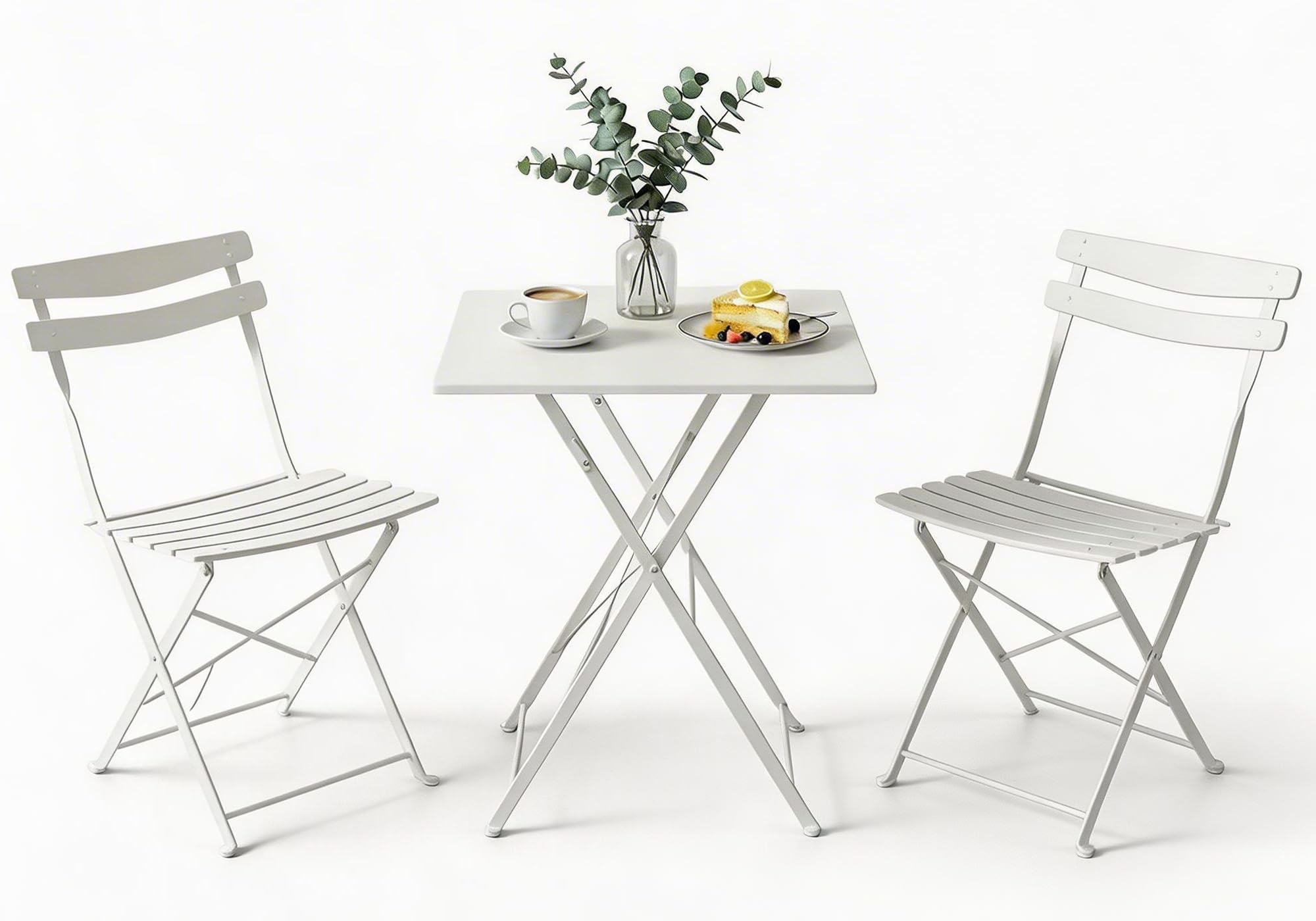 AffinityFurn Folding Patio Furniture Set, 3 Piece Square Bistro Table and Chairs Set,Easy to Storage, Weather Resistant,Outdoor Balcony Table Set for Lawn,Yard, Garden, White