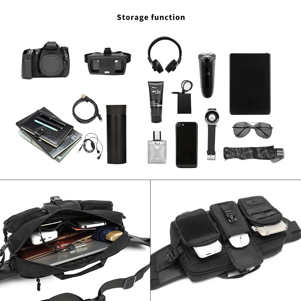 Large Fanny Pack for Men Women, Tactical Waist Pack Belt Bag Fit 7.9 Inch Tablet, Sling CrossBody Bag with Adjustable Strap for Workout Running Hiking (Black)