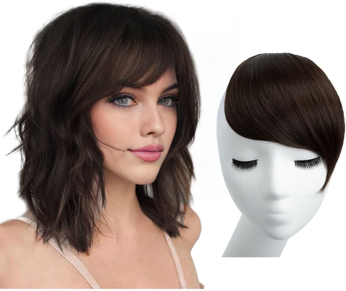 Side Bangs Dark Brown Clip in Synthetic Hair Pieces Straight Fake Bangs Extensions for Women