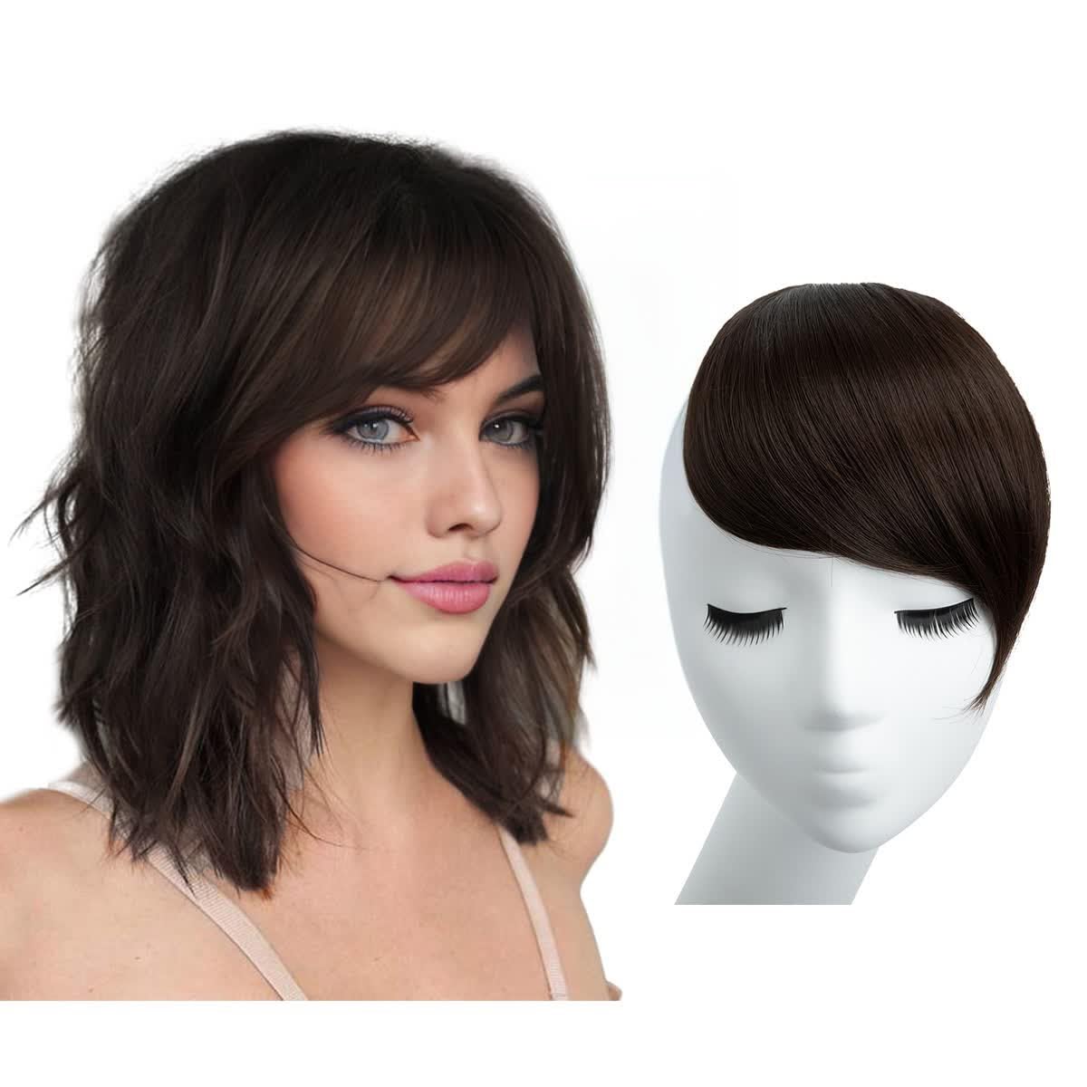 Flequillo lateral marrón oscuro con clip en piezas de cabello sintético recto falso extensiones de flequillo para mujer