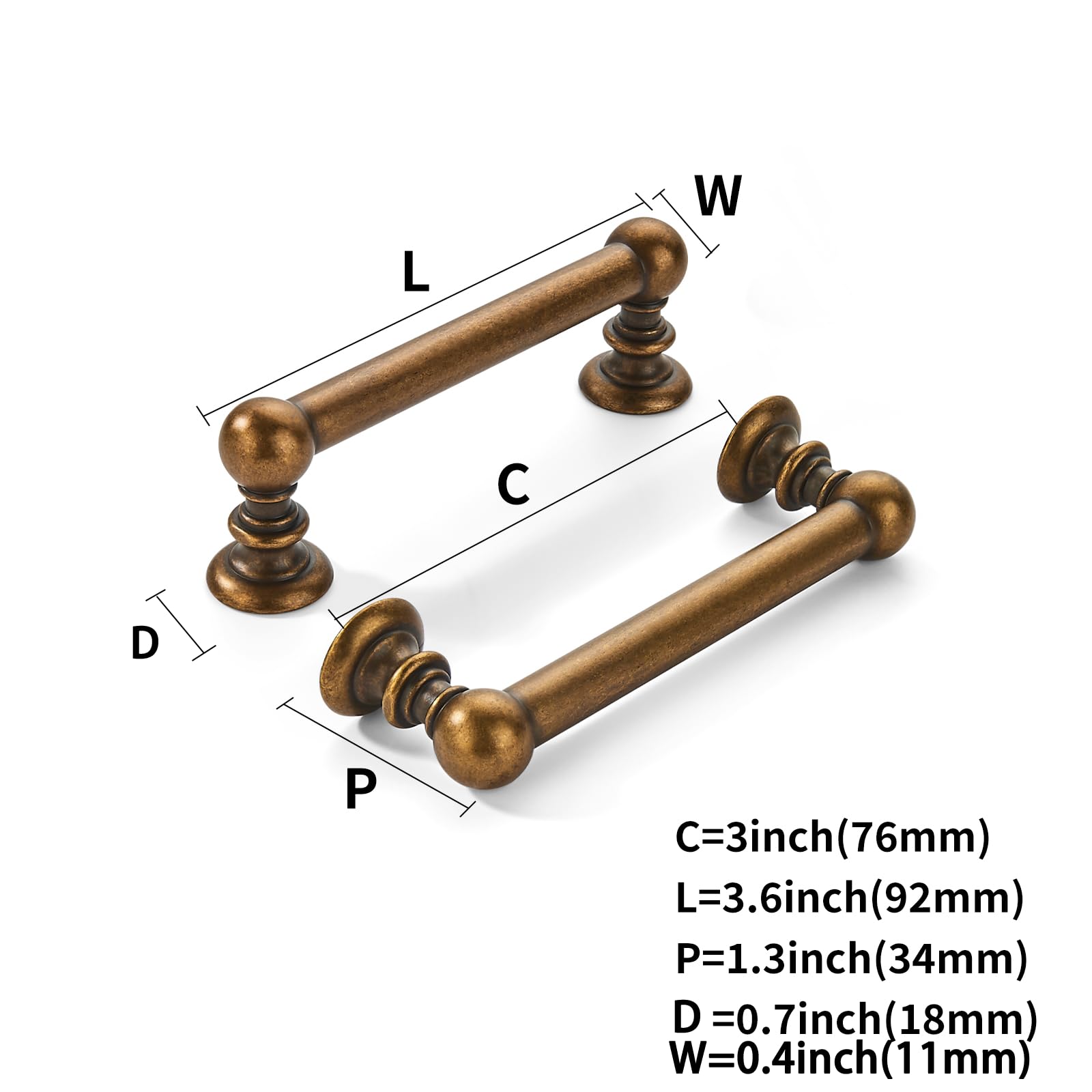 KHTUMEWARE-80362 Antique Brass Cabinet Pulls CTC 3 in (76 mm) 2-Pack in Antique Brass — KHTUMEWARE