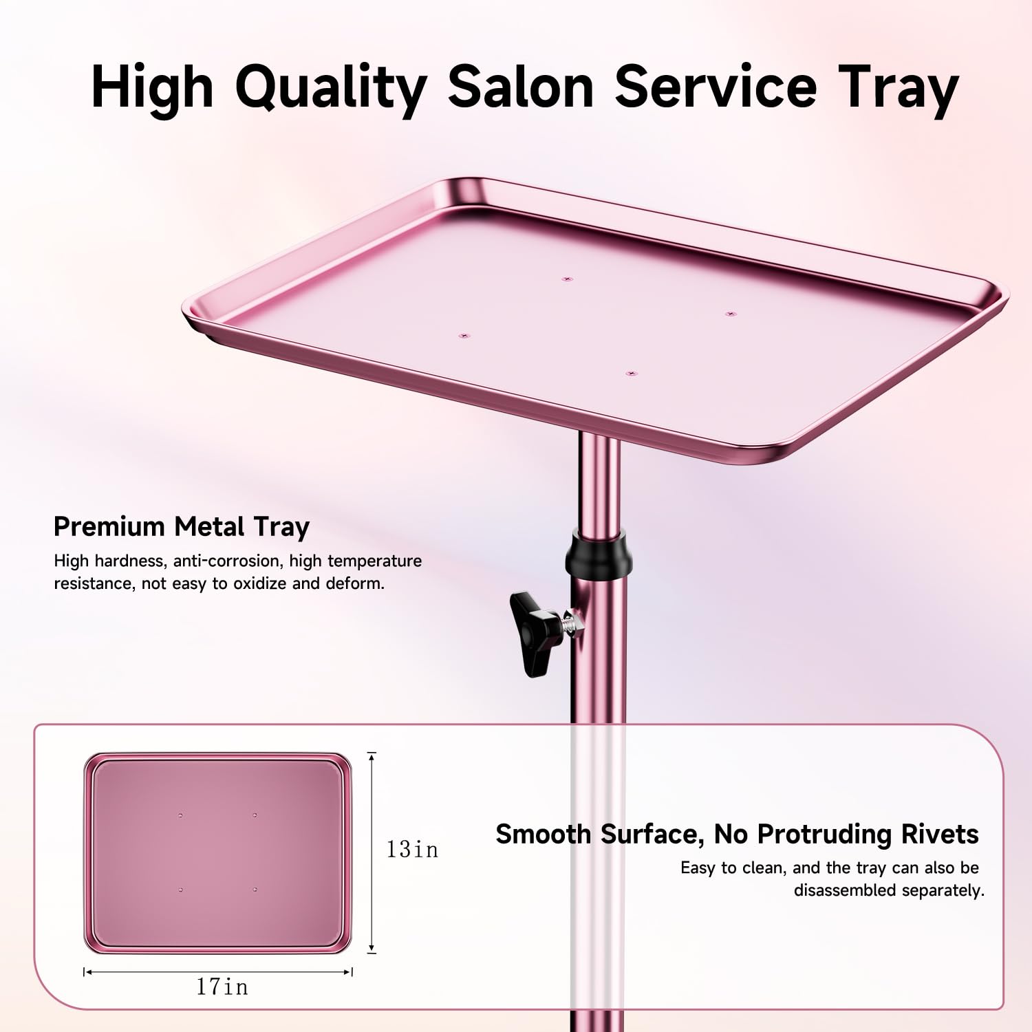 Plateau à rouler réglable en hauteur pour salon de spa, tatouage, dentaire, chariot métal rose
