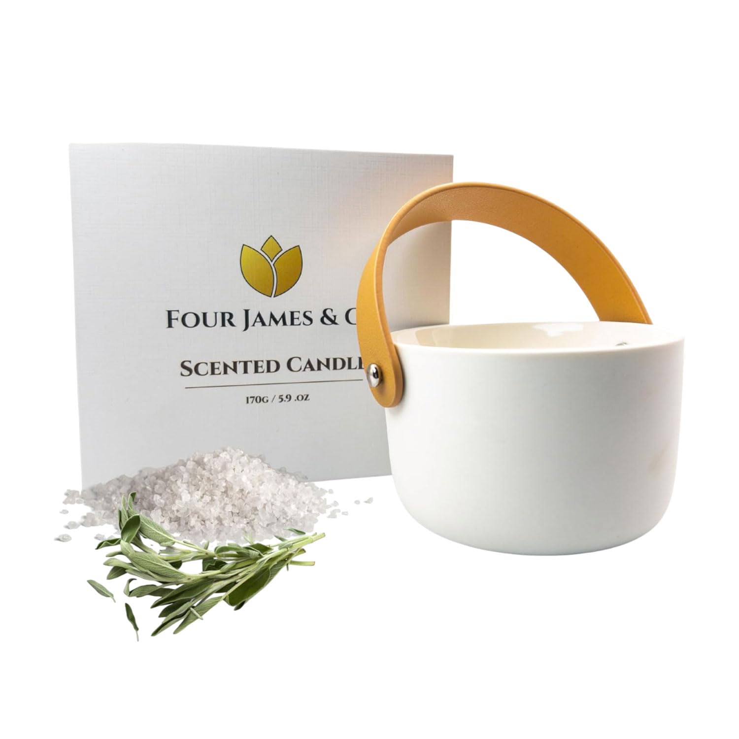 Four James & CO Luxurious Eco-Friendly Soy Wax 6oz Candle with Exquisite Ceramic Artistry (Sea Salt & Sage)