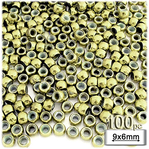 100pc Plastic Round Metallic Pony Beads 9x6mm Light Gold Beads