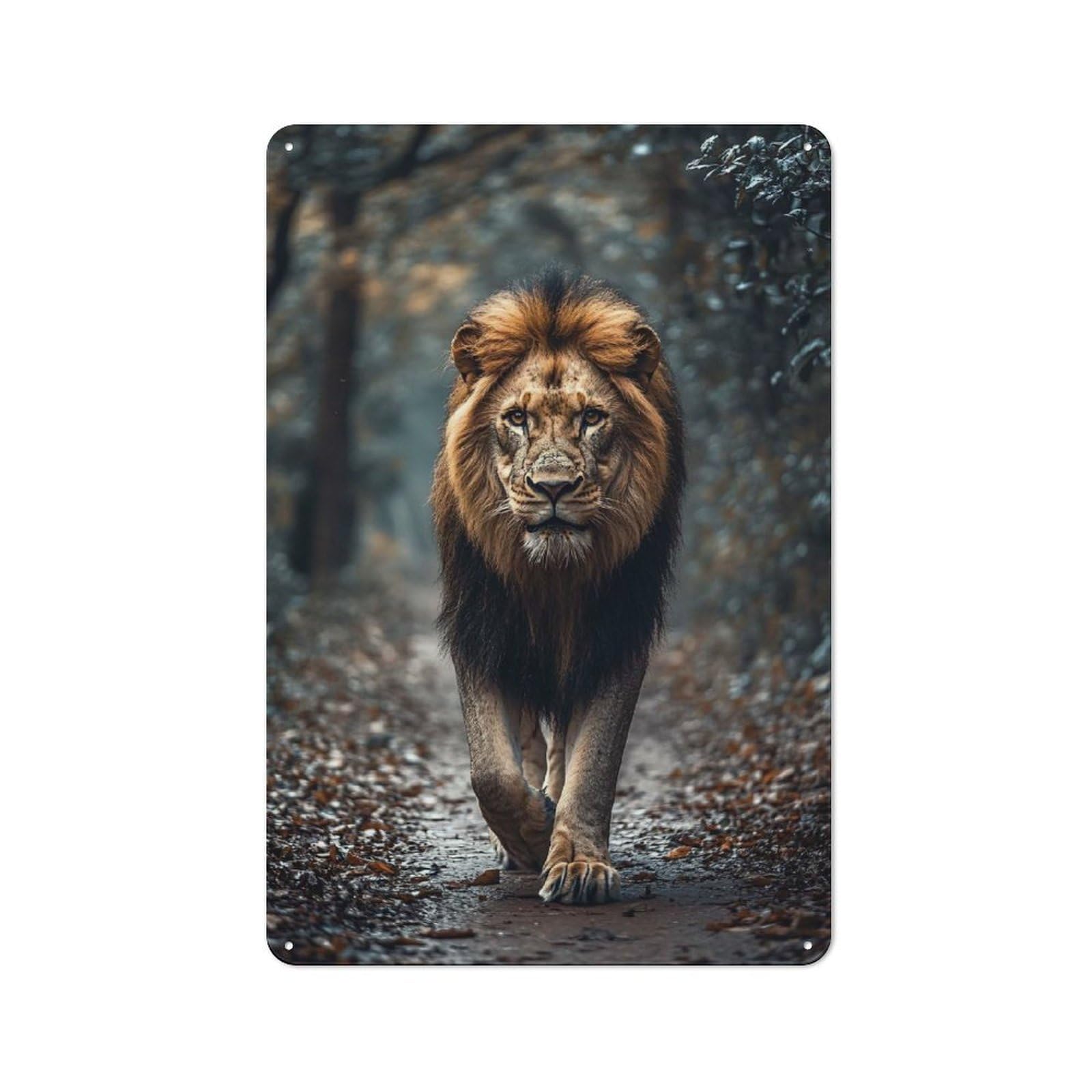 Country Style Majestic Lion Walking Through Forest Path Decorative Metal Sign 30x20cm, Bistro Wall Plaque for Restaurant, Kitchen, Counter Or Breakfast Nook