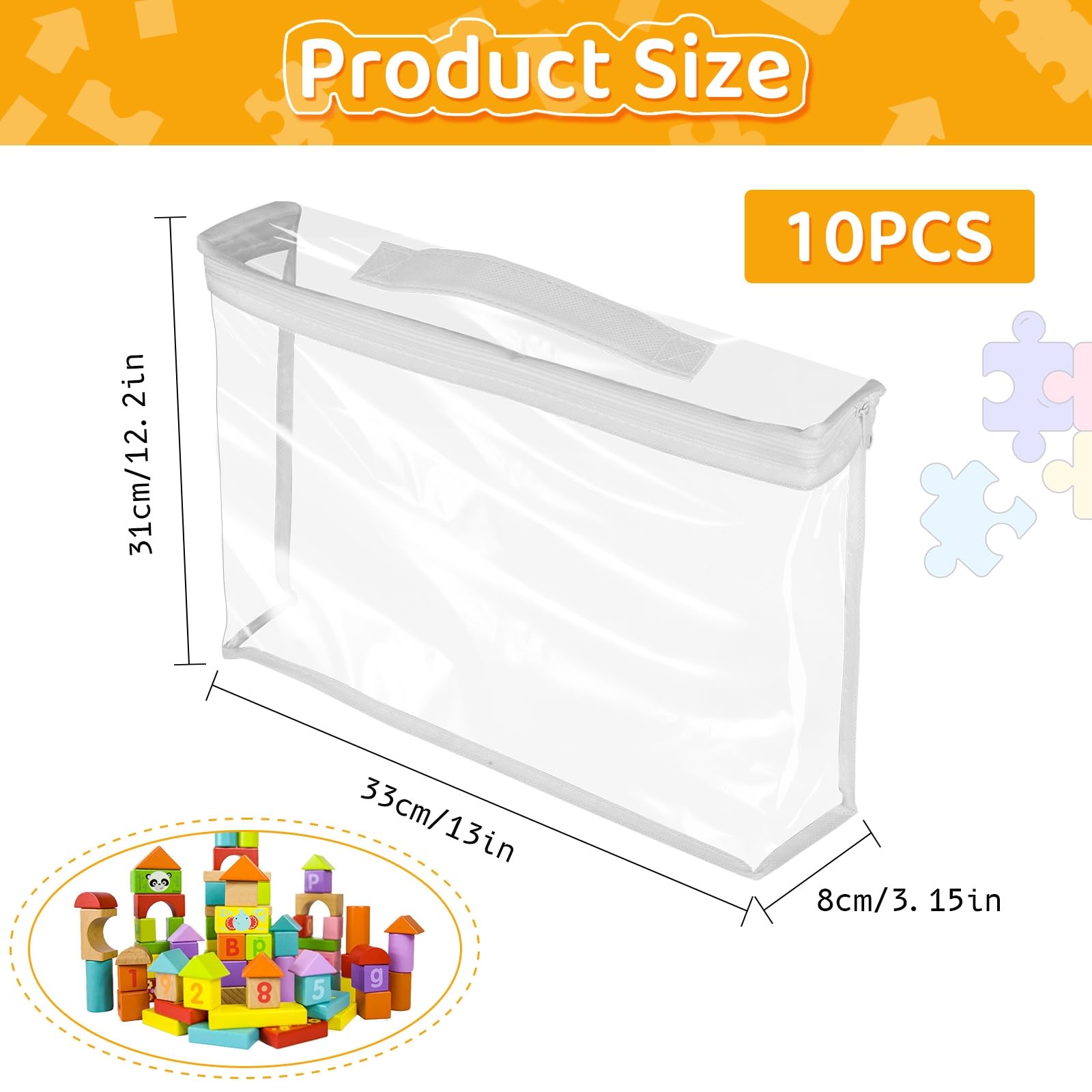 10 sacchetti grandi in PVC con cerniera, 33 x 31 x 8 cm, impermeabili e riutilizzabili