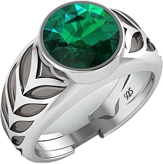 Vitra jewellery Nuri Round Ring Pure Silver 925 Ring Setted With Green Emerald CZ for men/boys Adjustable Ring Size With C...