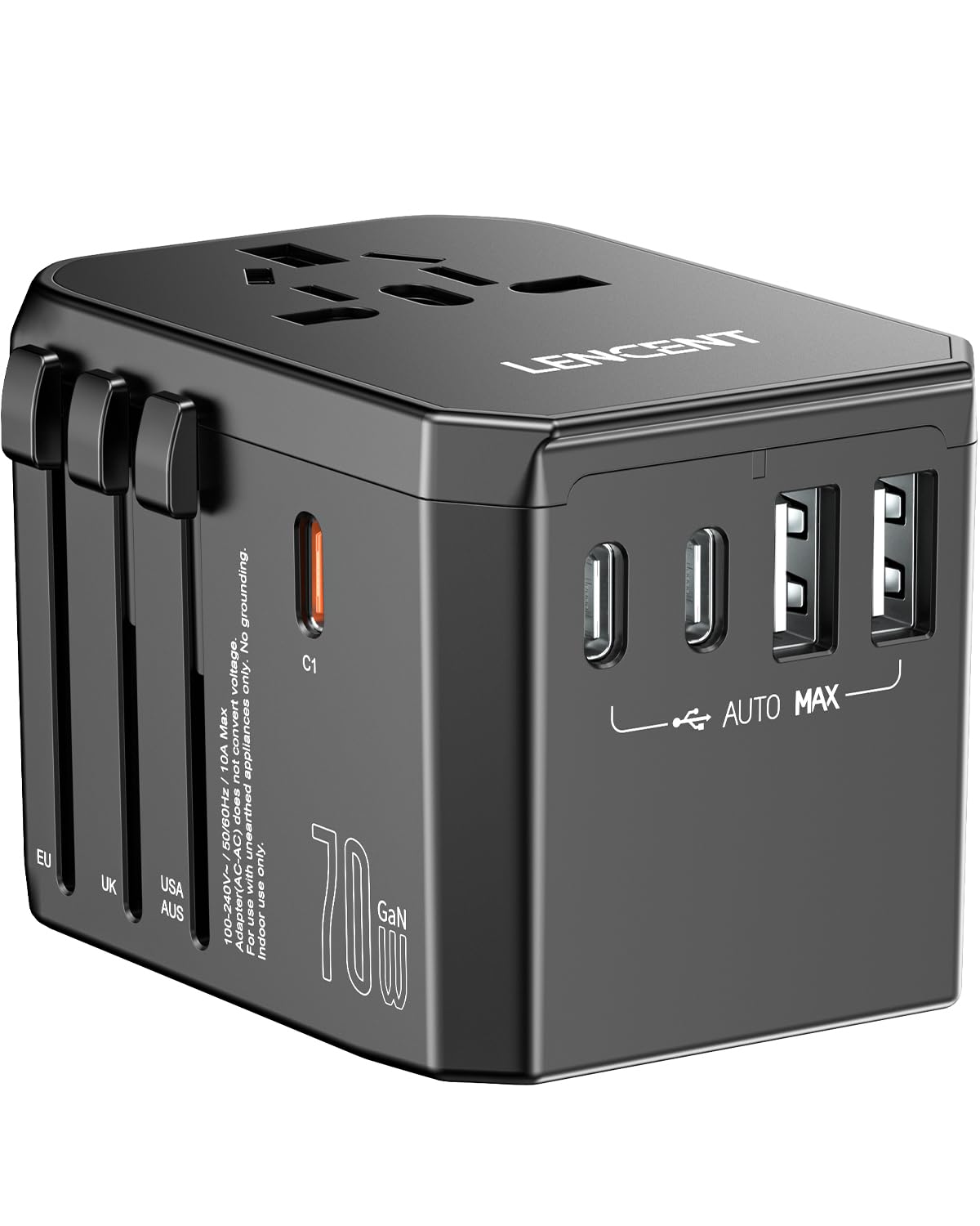 LENCENT 70W Universal Travel Adapter, GaN International Fast Charger with 3 PD3.0 Type C+2 QC USB A, Worldwide Power Adapter for Phones,Laptops, All in One Travel Essentials for EU/USA/UK/AU