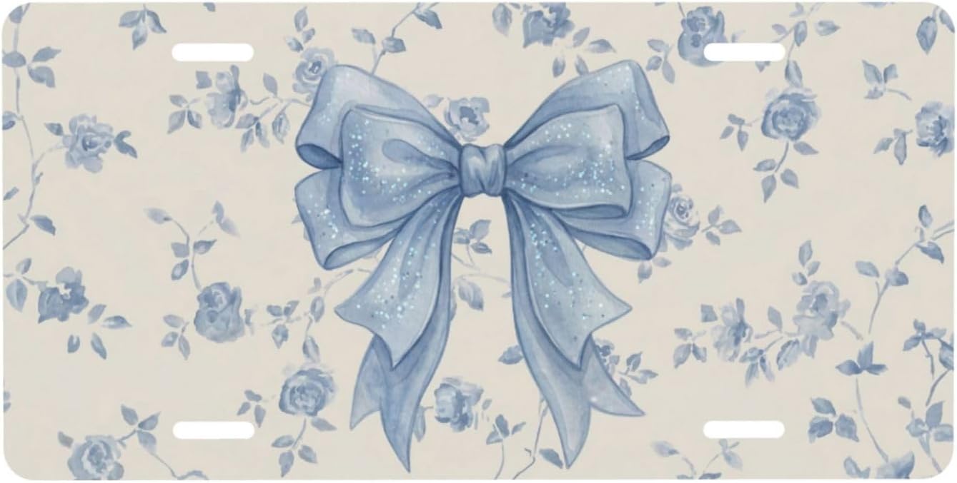 Vintage Light Blue Bow License Plate Decorative Car Front,Metal Car Plate,Vanity Tag,Aluminum Noverlty License Plate Waterproof Colorfast 6×12 Inch
