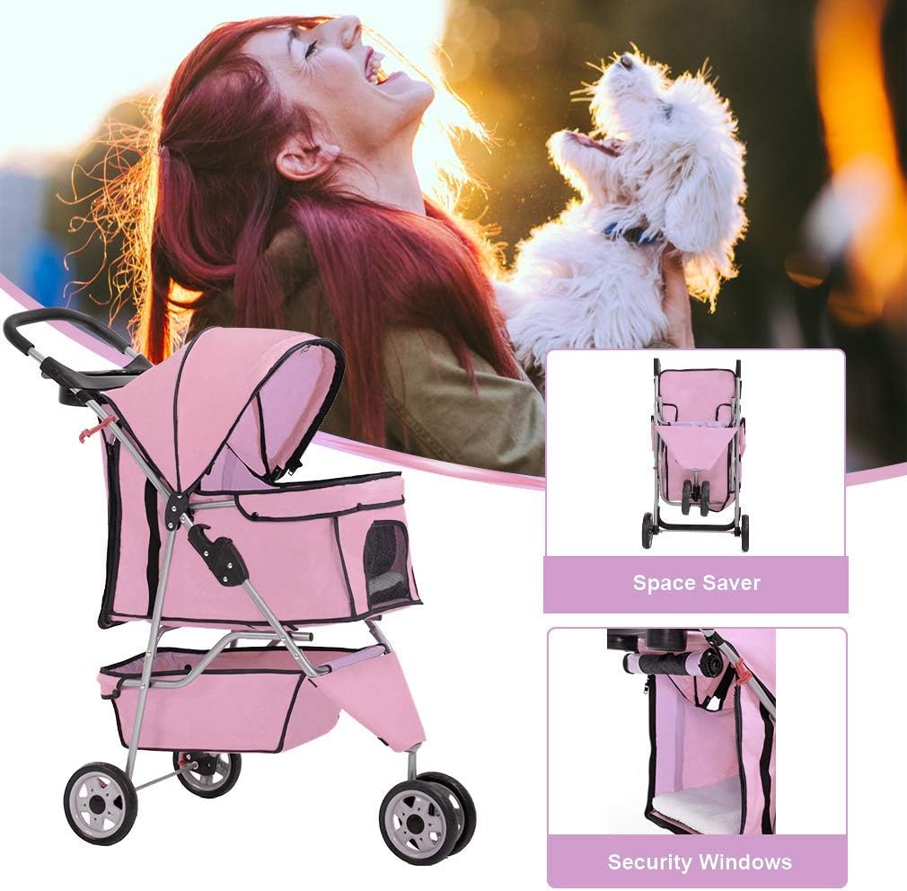 BestPet 3 Wheels Pet Stroller Dog Stroller Cat Cage Jogger Stroller Cats Travel Folding Carrier Waterproof Puppy Stroller with Cup Holder & Removable Liner (Pink)