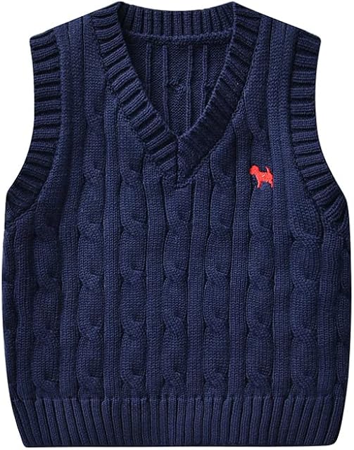 Kids Knit Vest,Boys V Neck Knitted Vests Children Sleeveless Sweater Kids Knitwear Tank Top Cotton Embroidery Doggy Pattern Toddler Knitted Waistcoat,Dark Blue 1-2 Years