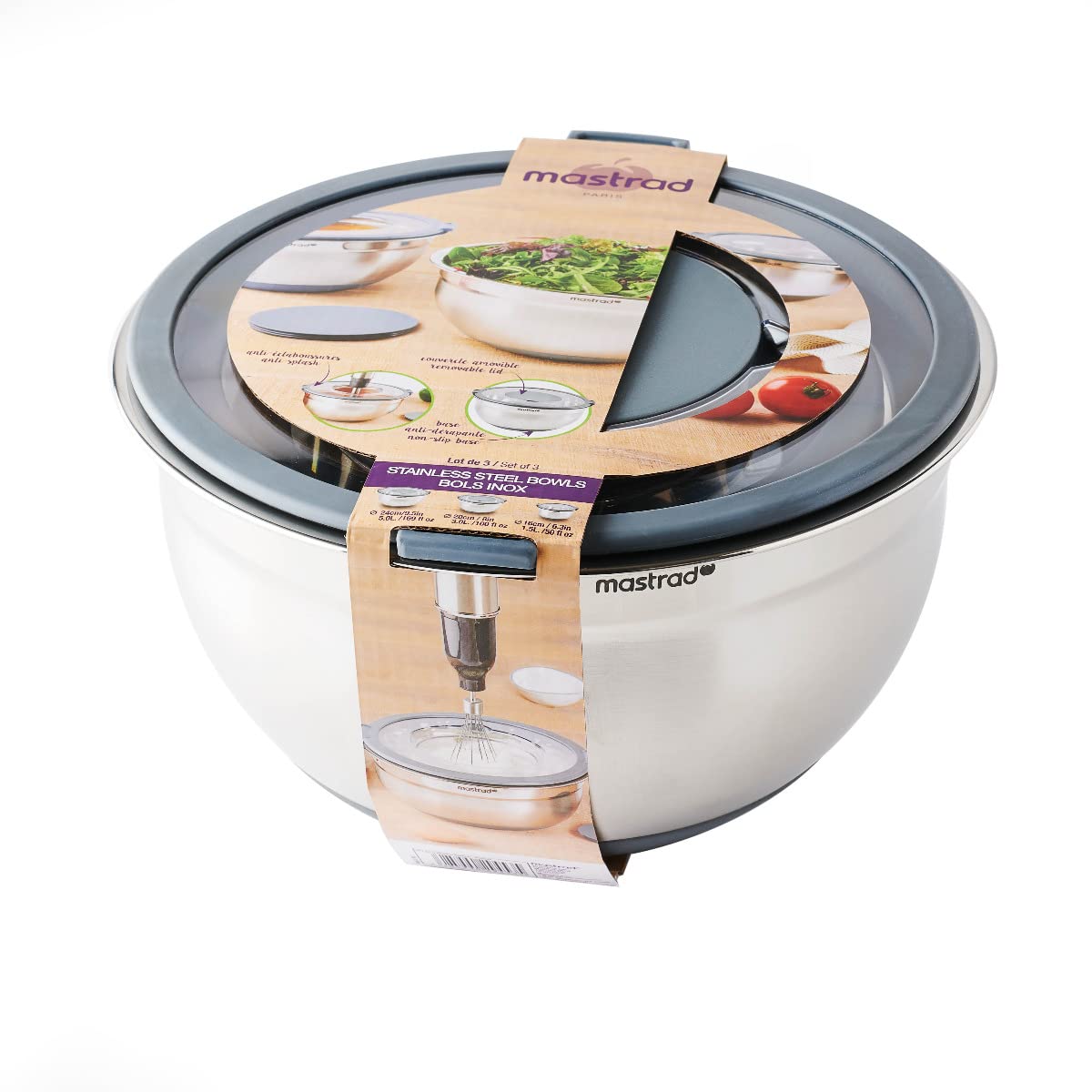 Mastrad F29464 - Cuenco de acero inoxidable (24 cm de diámetro, tapa transparente), base antideslizante de silicona, ideal para la preparación, el servicio y la conservación de los alimentos, 5L, gris