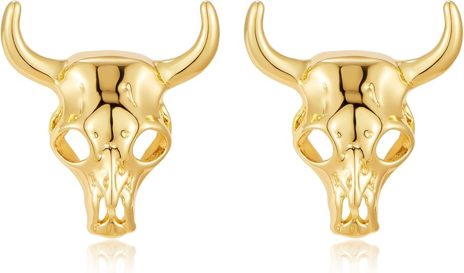 Western Bull Skull Earrings for Women 14K Gold Plated Cowgirl Jewelry
