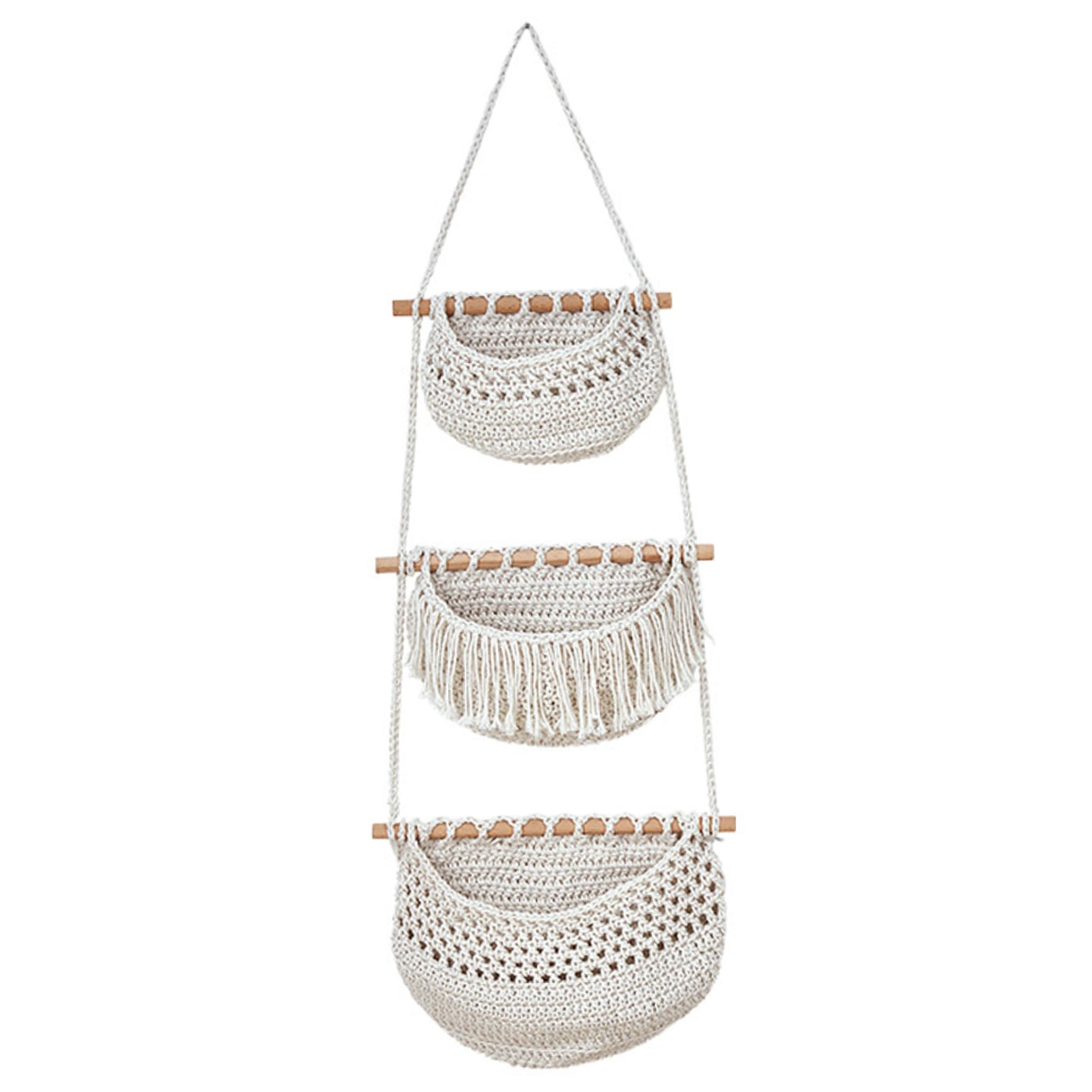 Uanqfegy Hanging Fruit Basket - 3 Tier Handmade Cotton Hanging Basket for Kitchen Wall, Adjustable Removable Produce Storage Organizer, Beige