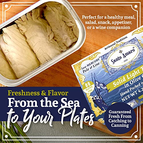 Image of Santo Amaro - Artisanal Wild Tuna Fillets in Virgin Olive Oil, Hand-Packed Canned Tuna from Portugal, Atlantic Natural Tuna, Pole & Line Skipjack Tuna Canned, Low Mercury, 22g Protein Keto, Pack of 3