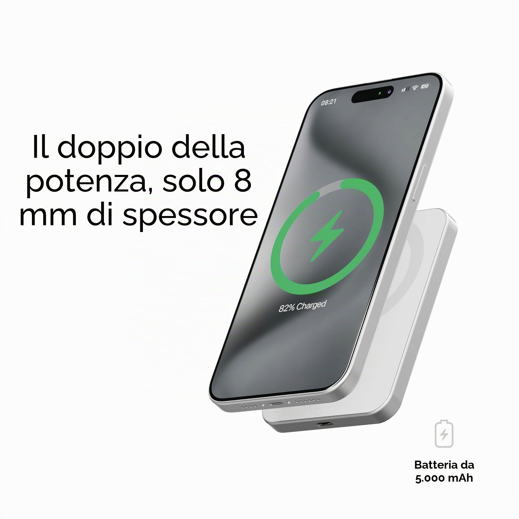 LINQ power bank 5.000mAh 20W magnetico, ultra sottile, in alluminio | Adatto per iPhone e dispositivi compatibili, uscita USB-C, aggancio magnetico forte e sicuro