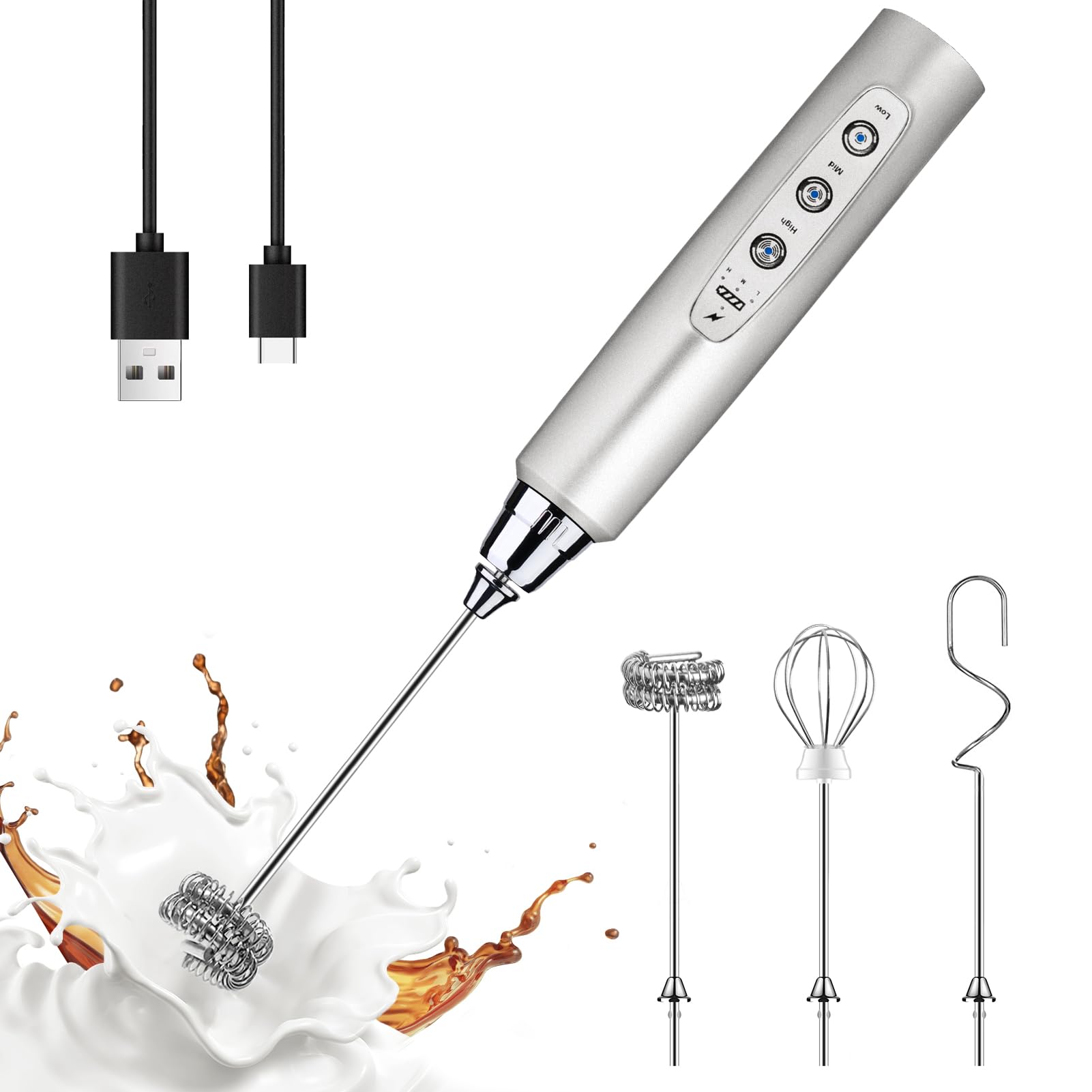 YUSWKO Rechargeable Milk Frother, Handheld Electric Frother Wand with 3 Speeds 3 Detachable Stainless Steel Drink Mixer for Coffee Lattes, Cappuccino, Egg