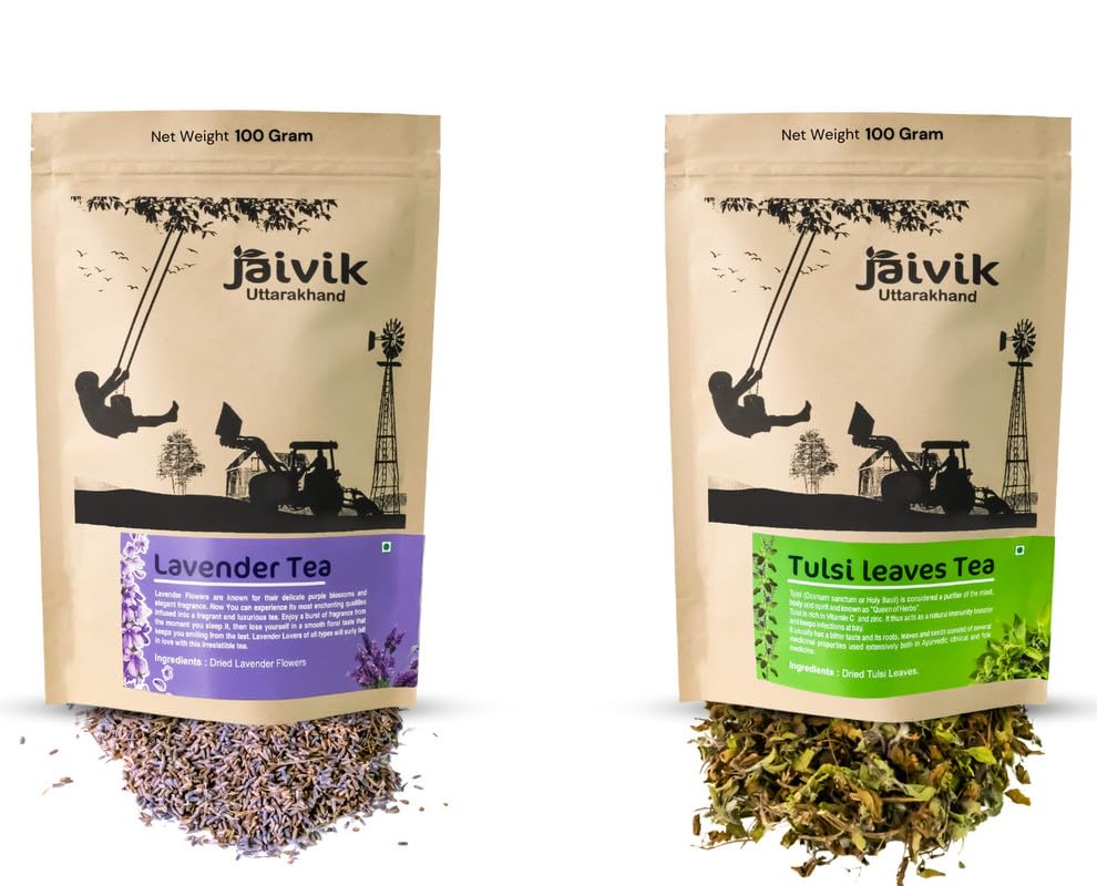 Image of Jaivik Uttarakhand - Lavender Flower Buds, Tulsi Leaves Tea (100g each) Unique Blend Crafted Loose Leaf For Chai Lovers Across India, Combo (Pack Of 2)