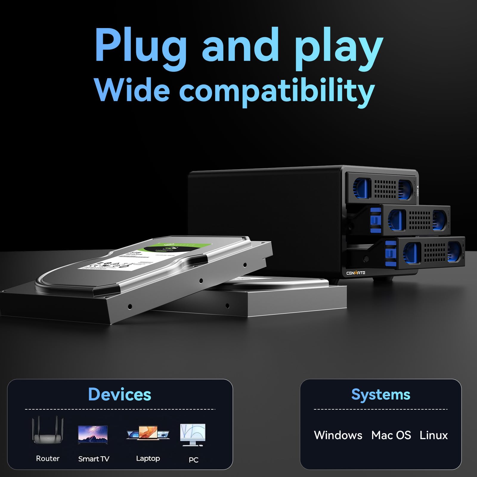 Alloggiamento Dischi Rigidi, Case 3 Bay Alluminio 10Gbps con Ventola per HDD/SSD SATA 2,5/3,5, Cavo USB A/C 3.2 con Sostituzione a Caldo, Alloggiamento HDD Senza Attrezzi, DAS (senza RAID/NAS)