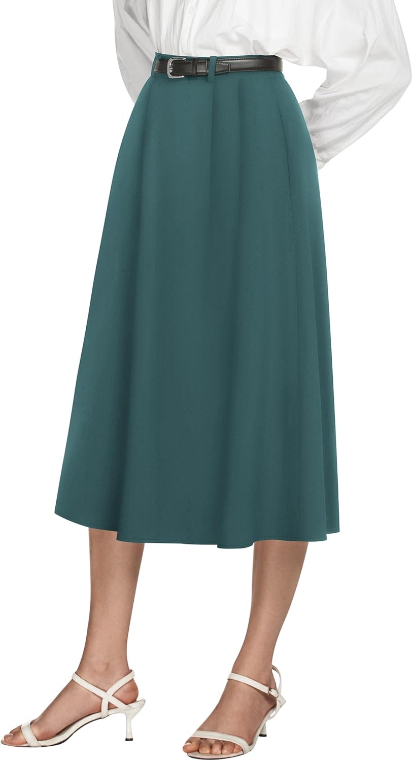 Casly Lamiit Women's High Waisted Midi Skirts Summer Business Skirt Flare Work A Line Pleated Skirt with Pockets