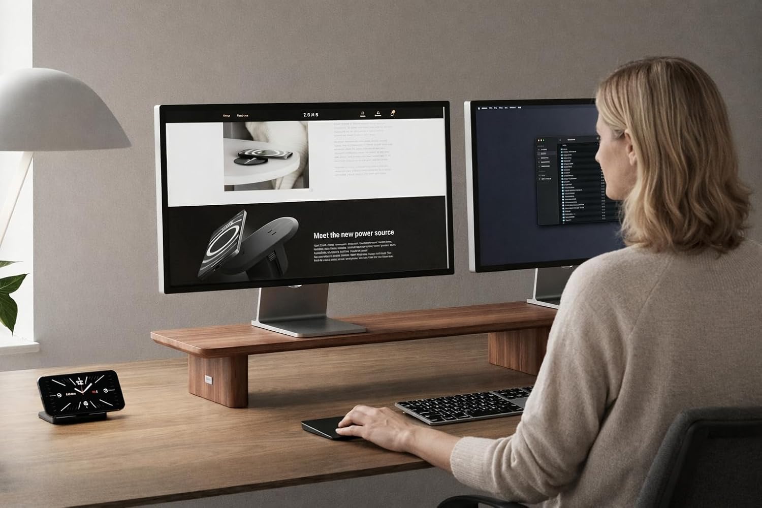 Minimalist Walnut Dual Monitor Stand Riser - 43.3" Extra-Long Modular Desk Organizer for iMac, Laptops & Ultrawide Monitors - Natural Wood Grain