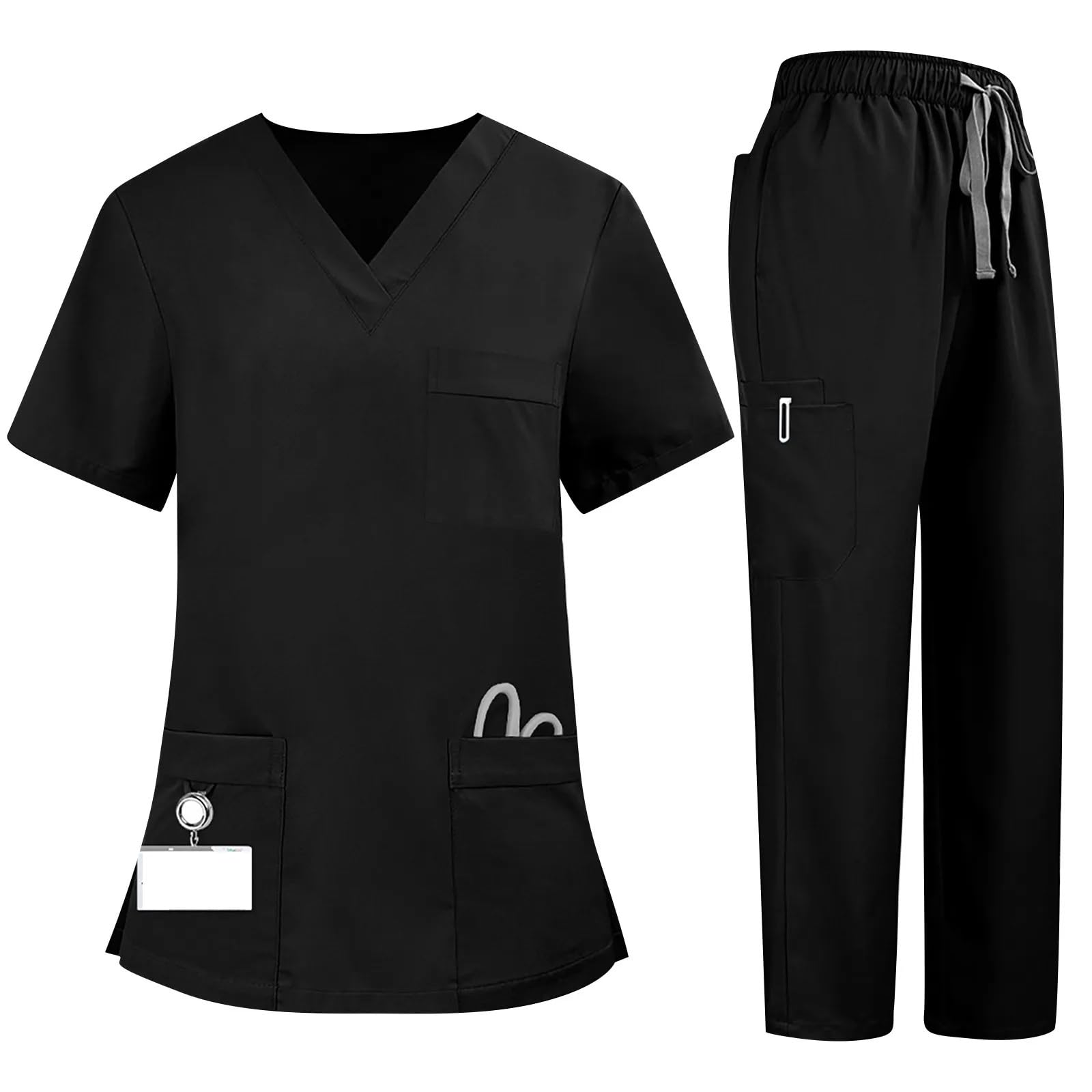 Kasacks Damen Pflege Plus Size Damen Krankenschwesteruniform, schnell trocknender Stoff, einfarbig, V-Ausschnitt, Tasche, kurzärmelige Hose, Anzug, Krankenpflege